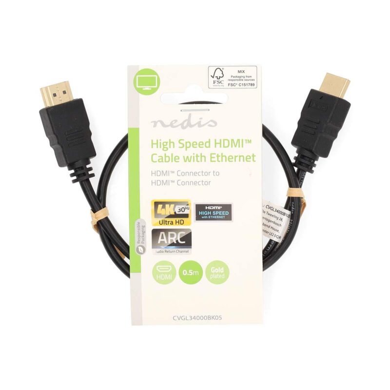 Καλώδιο επίχρυσο 0.5m HDMI υψηλής ταχύτητας (4K 30Hz UHD) με ethernet nedis CVGL34000BK05 (233-2686) μαύρο χρώμα